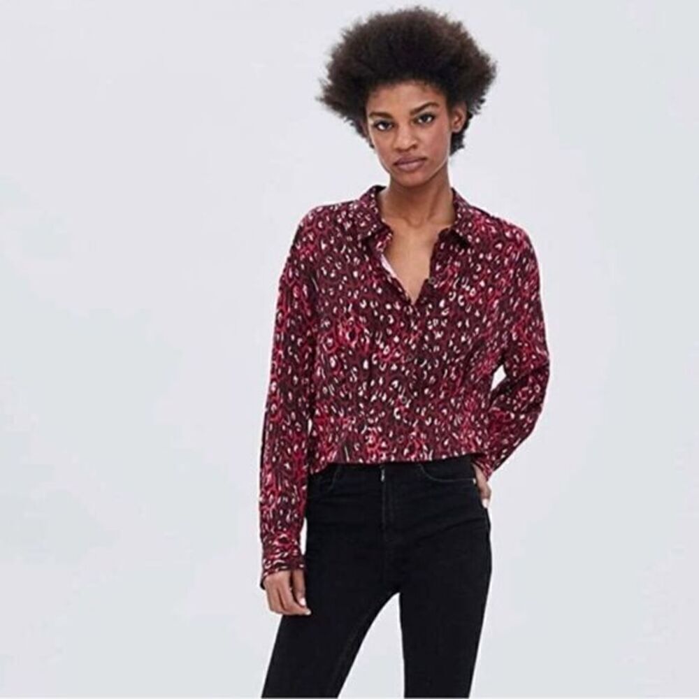 Zara Leopard Print Long Sleeve Button Down Crop Top